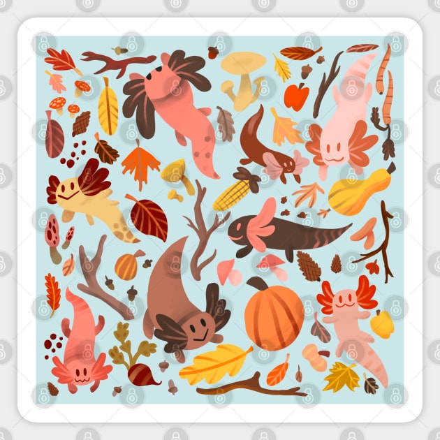 Cute Autumn Leaves Axolotl Pattern Sticker by narwhalwall